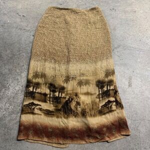 VTG Silk Club Collection Women's Lion Safari Brown Jungle Long Skirt S/14 Y2k